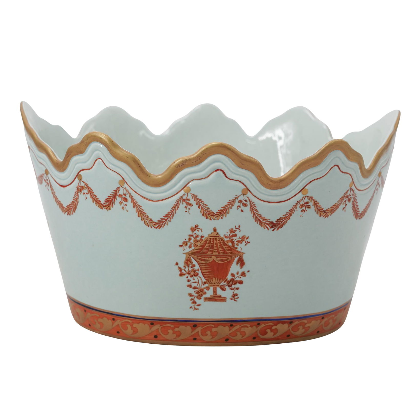 Mottahedeh Lowestoft Vista Alegre Porcelain large Planter: Mottahedeh Lowestoft Vista Alegre Porcelain large Planter20th century, ItalyMottahedeh Vista Alegre Porcelain large planter attractively decorated in an orange, gold and blue color scheme, featuring n