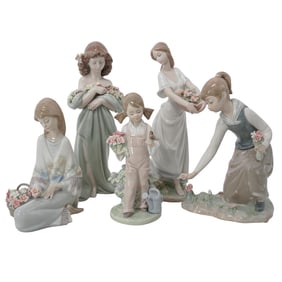 (5 pc) Lladro Porcelain Girls with Flower Figurines