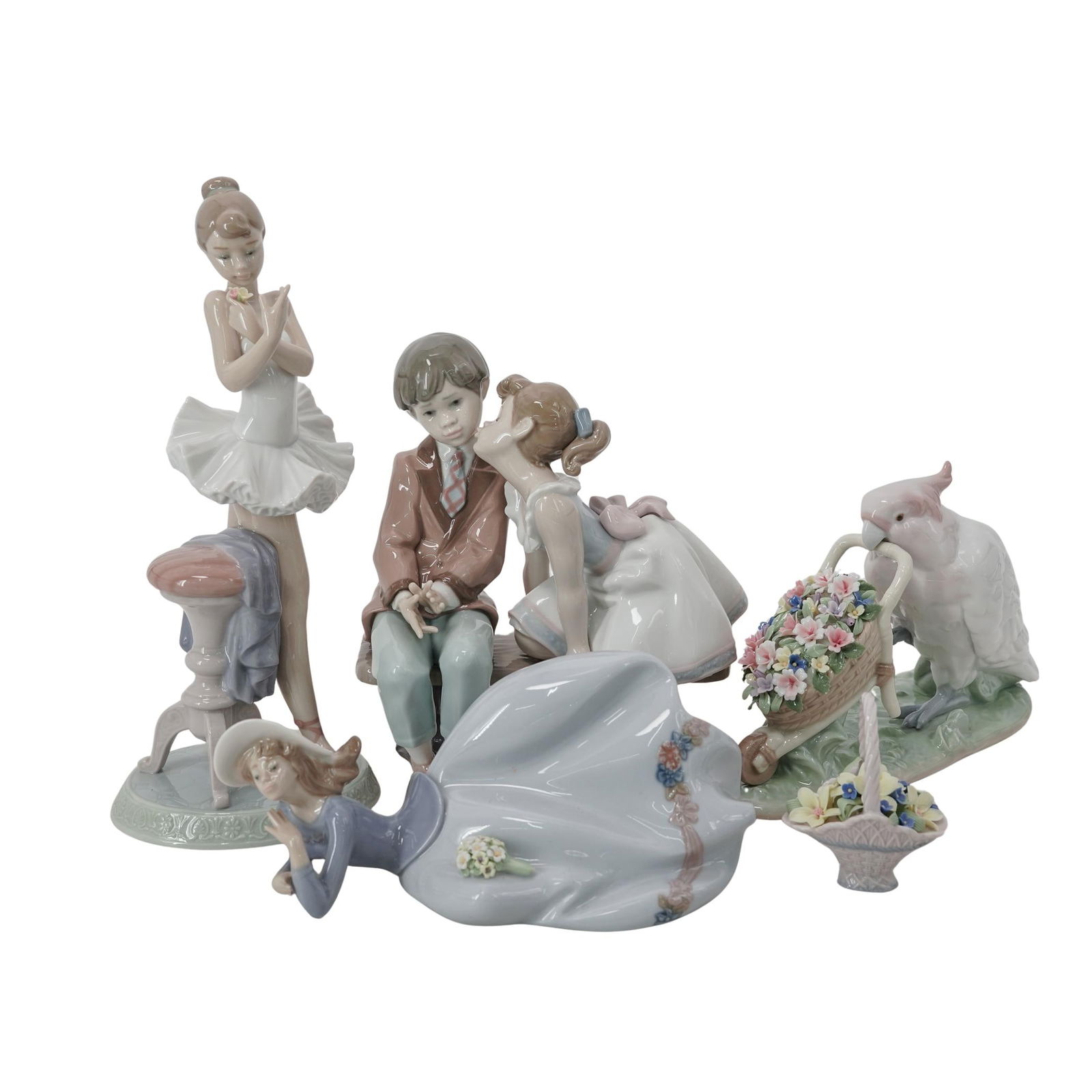 (5 pc) Lladro porcelain Figurines: (5 pc) Lladro porcelain Figurines20th century, SpanishLot includes:1) "Ten and Growing" # 7635, Issued 1995, retired 1998, Sculptor Francisco Polope1) "How Skillful!" # 6517, issued 1983, retired 2005