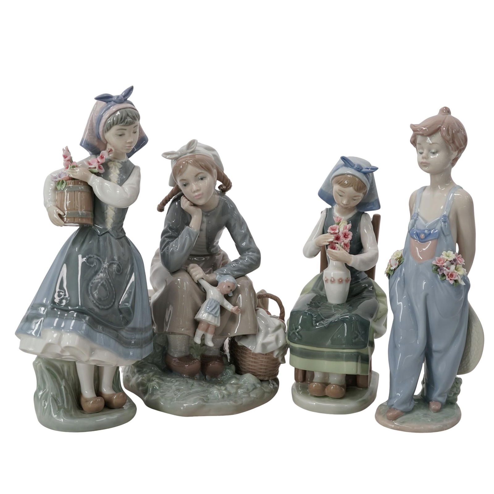 (4 pc) Lladro Girls Porcelain Figurines: (4 pc) Lladro Girls Porcelain Figurines20th century, SpanishLot includes1) "Dutch Girl with Bucket" # 1416, issued 1982, retired 1997. Sculptor Francisco Catala.1) "Pocket full of Wishes" # 7650 , iss