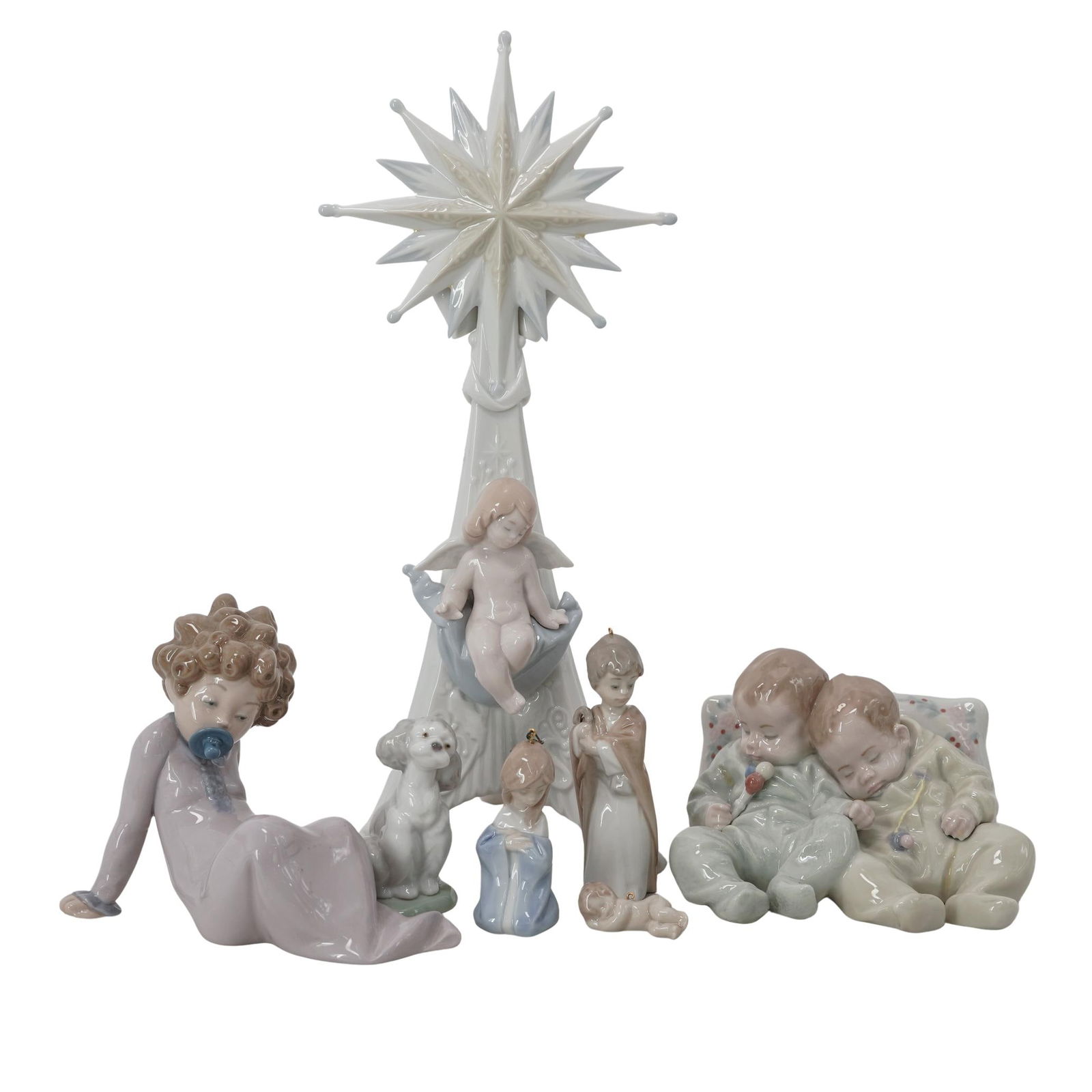 (7 pc) Lladro Porcelain Figurines: (7 pc) Lladro Porcelain Figurines 20th century, Spanish Lot includes: 1) "Angelic Light" candle holder # 6586, issued 1998, retired 2001, Sculptor Francisco Polope 1) "Little Dreamers" # 5772 ,