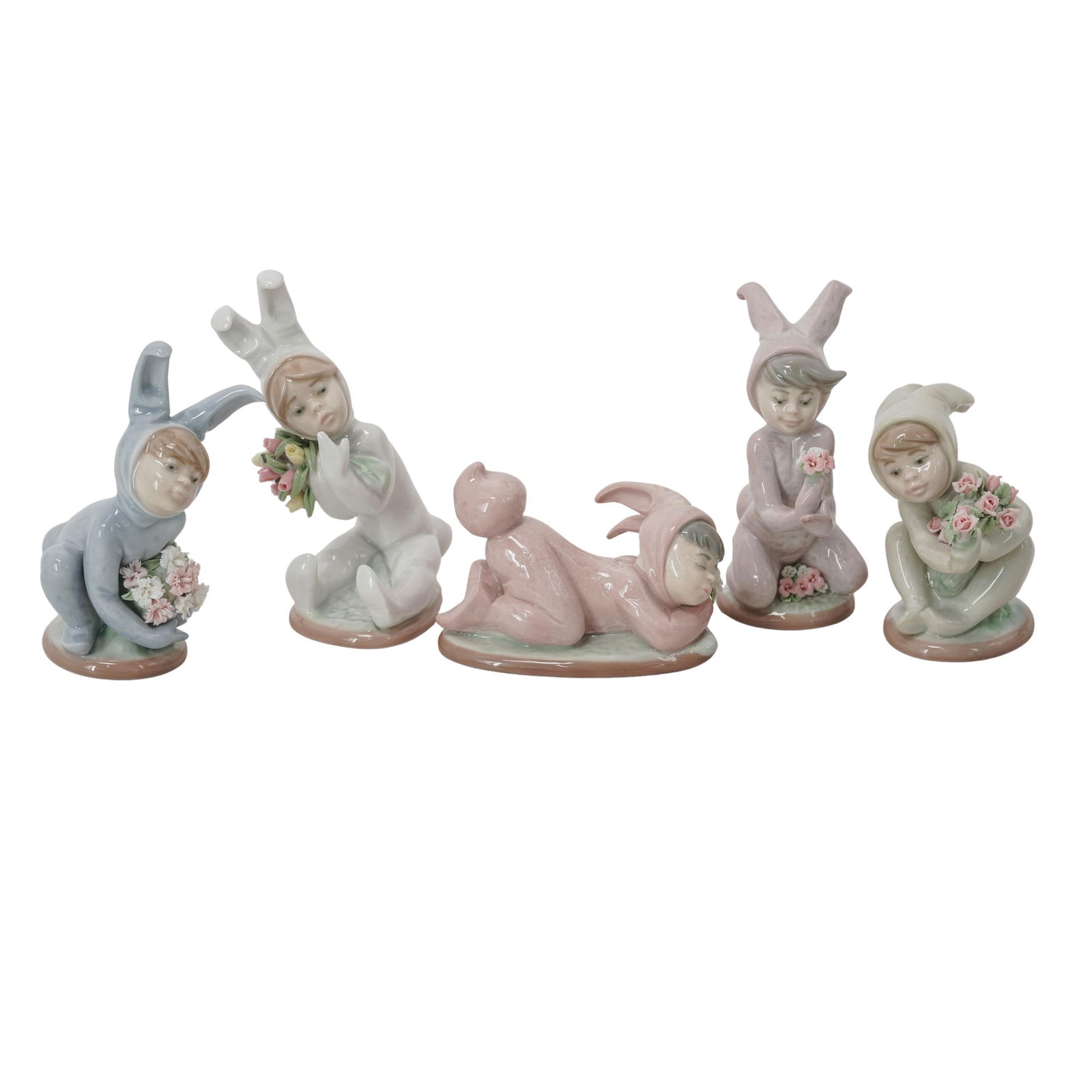 (5 pc) Lladro Porcelain figurines W/ original boxes: (5 pc) Lladro Porcelain figurines W/ original boxes 20th century, Spanish (5 pc) Lladro Collection of Porcelain figurines. Each piece has original box. Lot includes: "Bunny Boys and Girls" # 's
