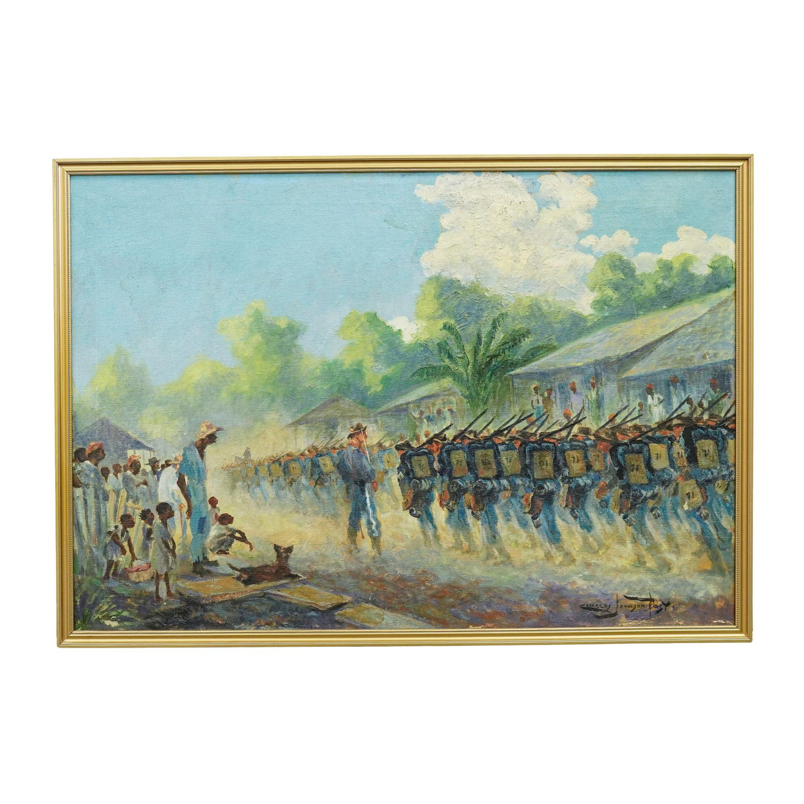 Charles Johnson Post (American 1873-1956) Oil on canvas Painting: Charles Johnson Post (American 1873-1956) Oil on canvas Painting 20th century, American Oil painting depicting a military scene, from the Spanish-American war with soldiers in formation a dramatic,