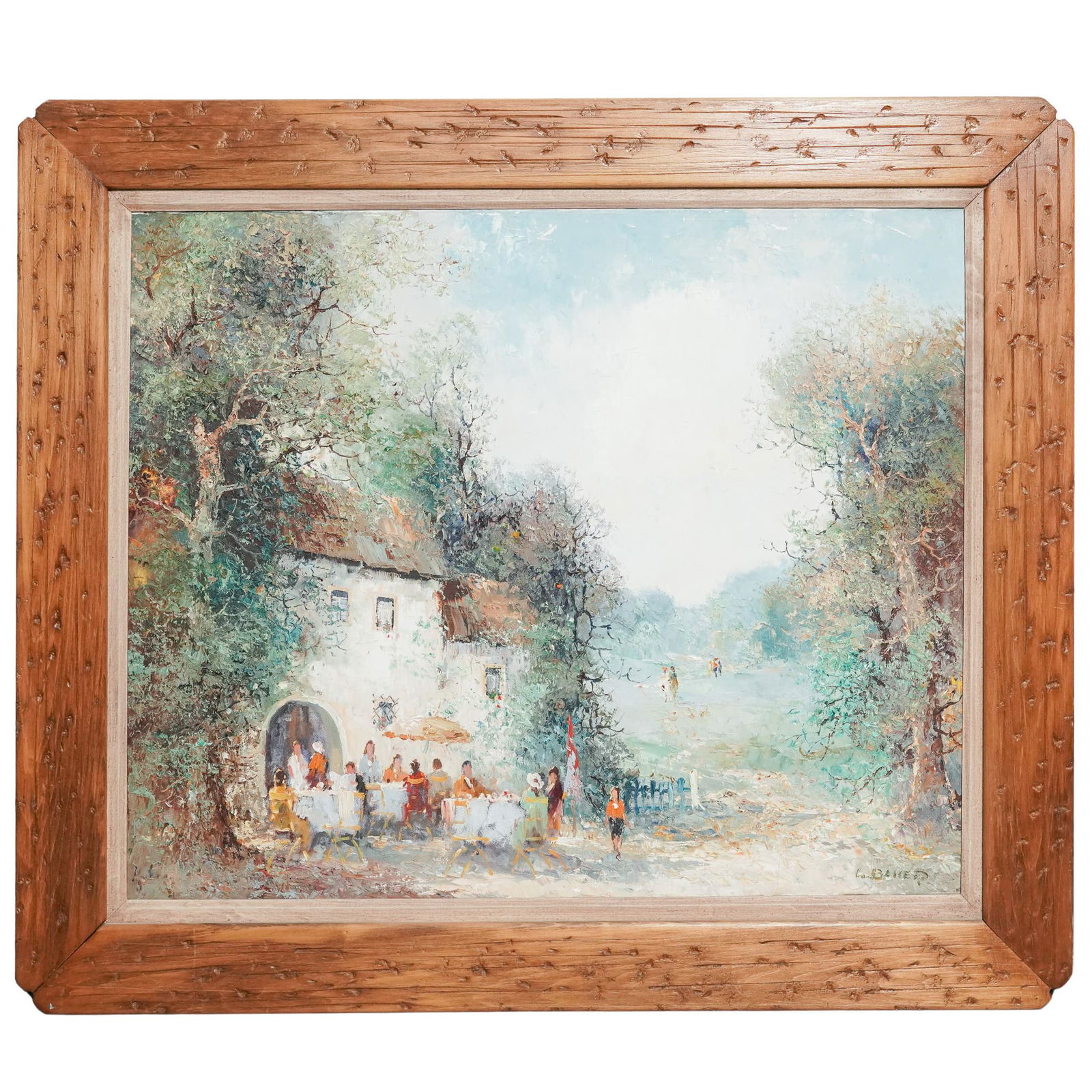 Willi Bauer (German, b. 1923) Cafe Oil Painting: Willi Bauer (German, b. 1923) Cafe Oil Painting Mid 20th c., Europe Oil on canvas impressionist painting depicting an outdoor cafe setting. It is signed "W. Bauer" in the lower right corner. The work