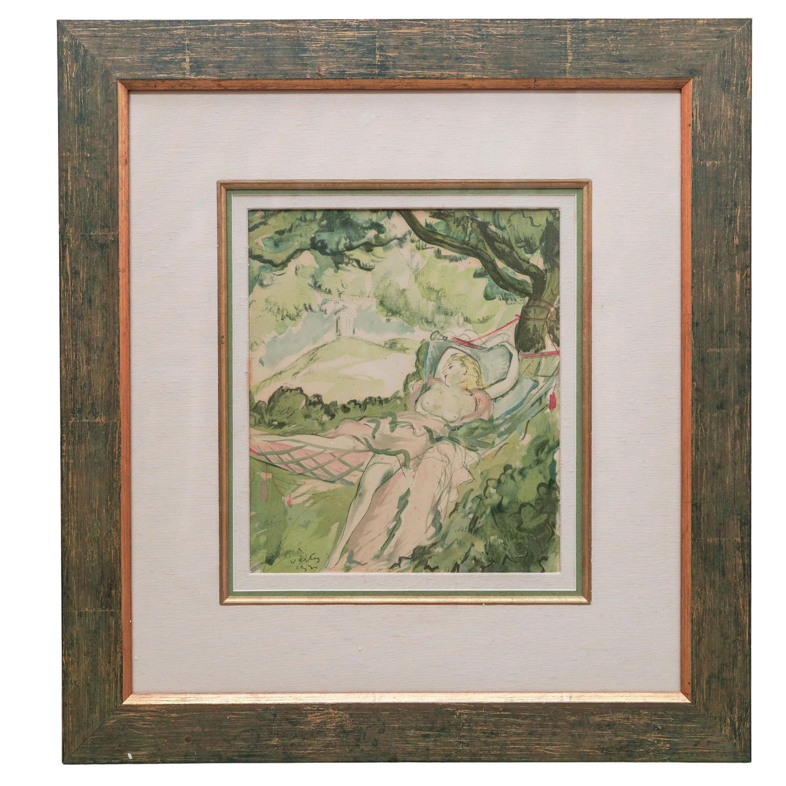 Marcel Vertes (Hungarian / French 1895-1961) Nude Colored lithograph: Marcel Vertes ( Hungarian / French 1895-1961) Nude Colored lithograph1920-1921, FrenchThe color lithograph depicts a scene with a nude woman reclining outdoors.Signed in plate lower left corner.Image: