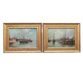 (2 Pc) Antique Signed Harbor Scene Oil Paintings