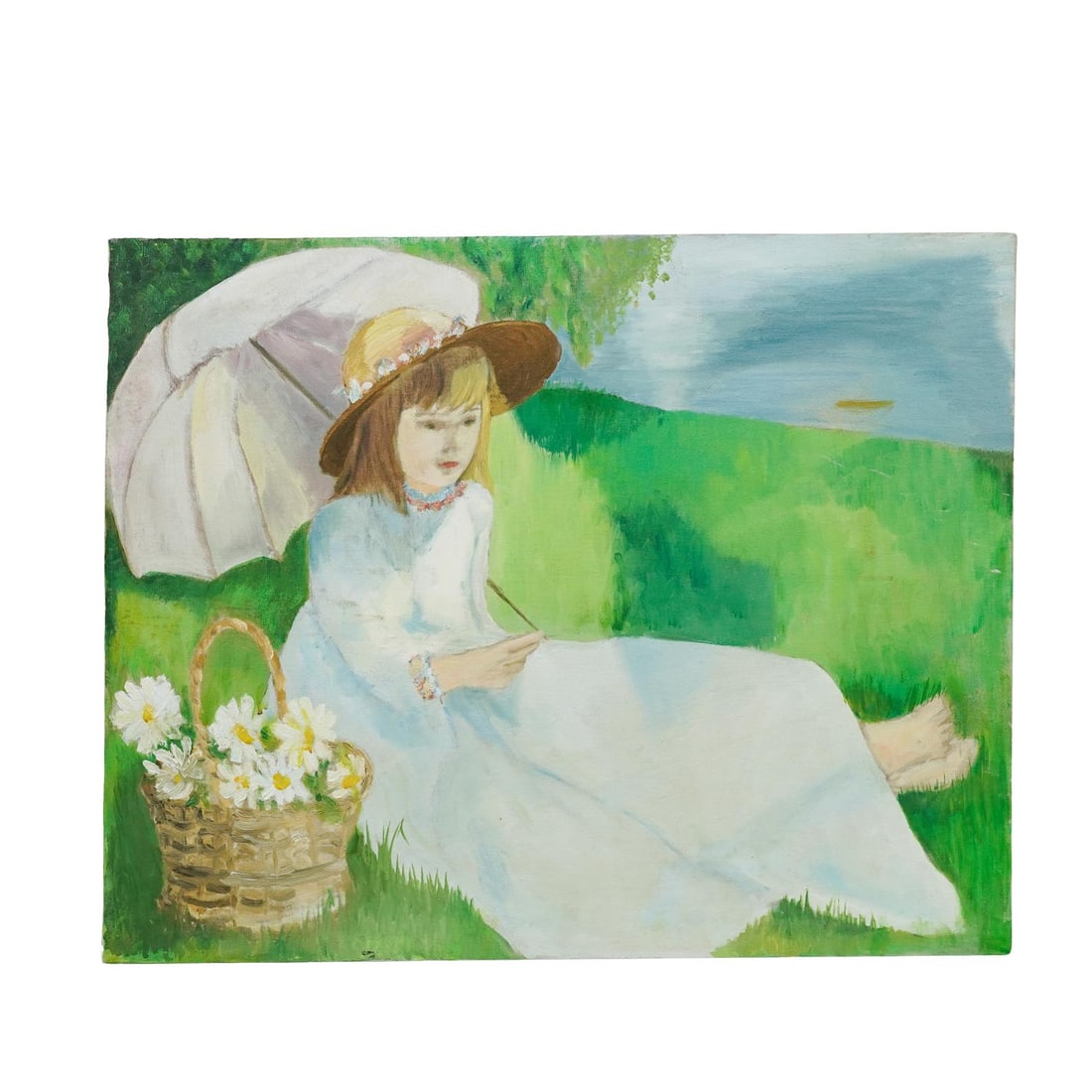 Portrait Garden Oil Painting: Portrait Garden Oil PaintingLate 20th c.Oil on canvas painting of a young girl sitting in a grassy area next to the water, holding an umbrella, with a basket of flowers beside her.L: 24" W: 30"