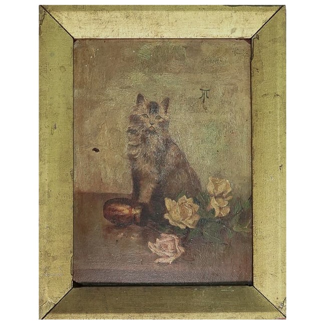 19th Cent Cat Oil on Board Painting (1 of 3)