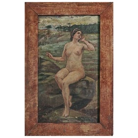 Signed Seated Nude Female Oil on Wood Painting