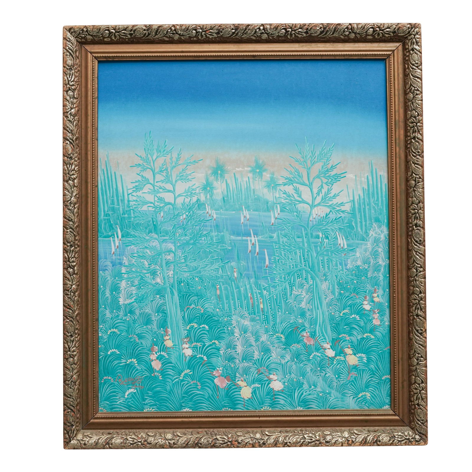 ReMarris Ernst Haitian Folk Art Painting: ReMarris Ernst Haitian Folk Art PaintingLate 20th c., HaitiOil on canvas painting depicting Haitian people and landscape. It is signed by the artist in the lower left corner. The work is housed in an