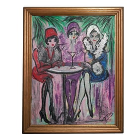 Signed Art Deco Style Mixed Media Painting