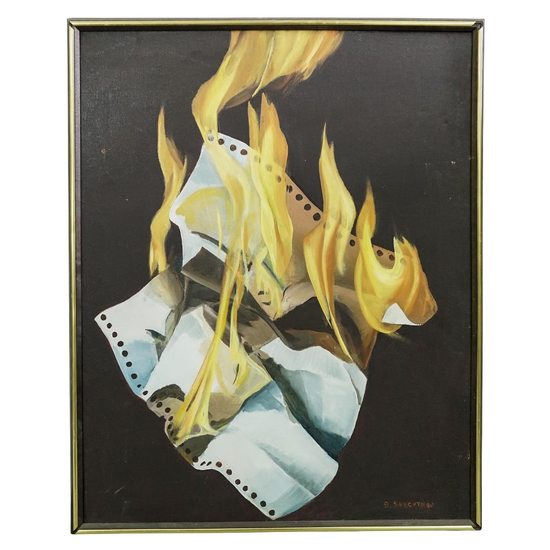 Bernice Schectman (American 1920-1998) Oil on Canvas: Bernice Schectman (American 1920-1998) Oil on Canvas20th century, USAOil painting of burning papers. Signed "B Schechman" lower right.H. 31.5" x W. 25.5" including frame