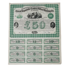 1873 Great Republic Gold & Silver Mining Co. of Virginia Bond Certificate