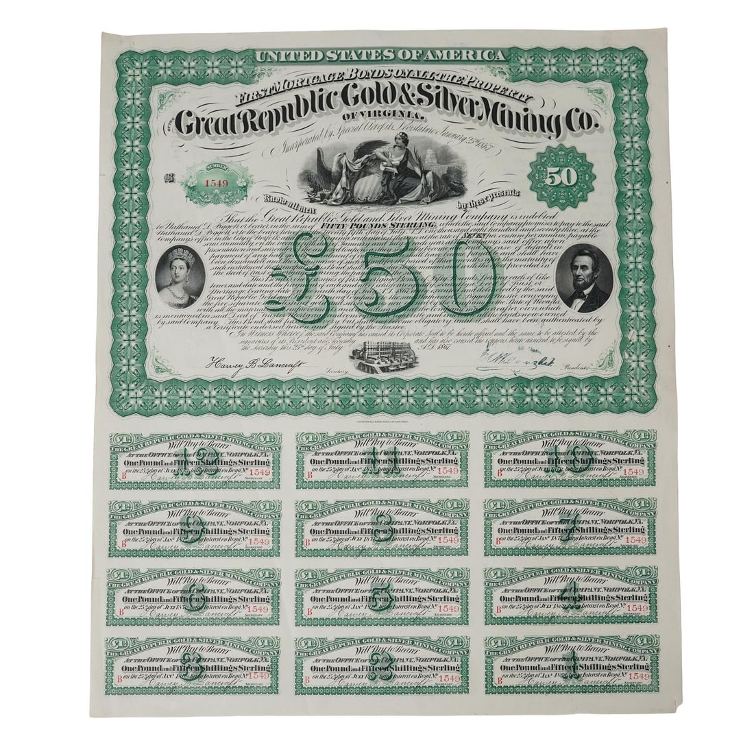 1873 Great Republic Gold & Silver Mining Co. of Virginia Bond Certificate (1 of 5)