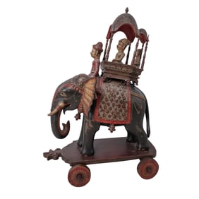 Antique Indian Polychrome Wood Elephant With Rider