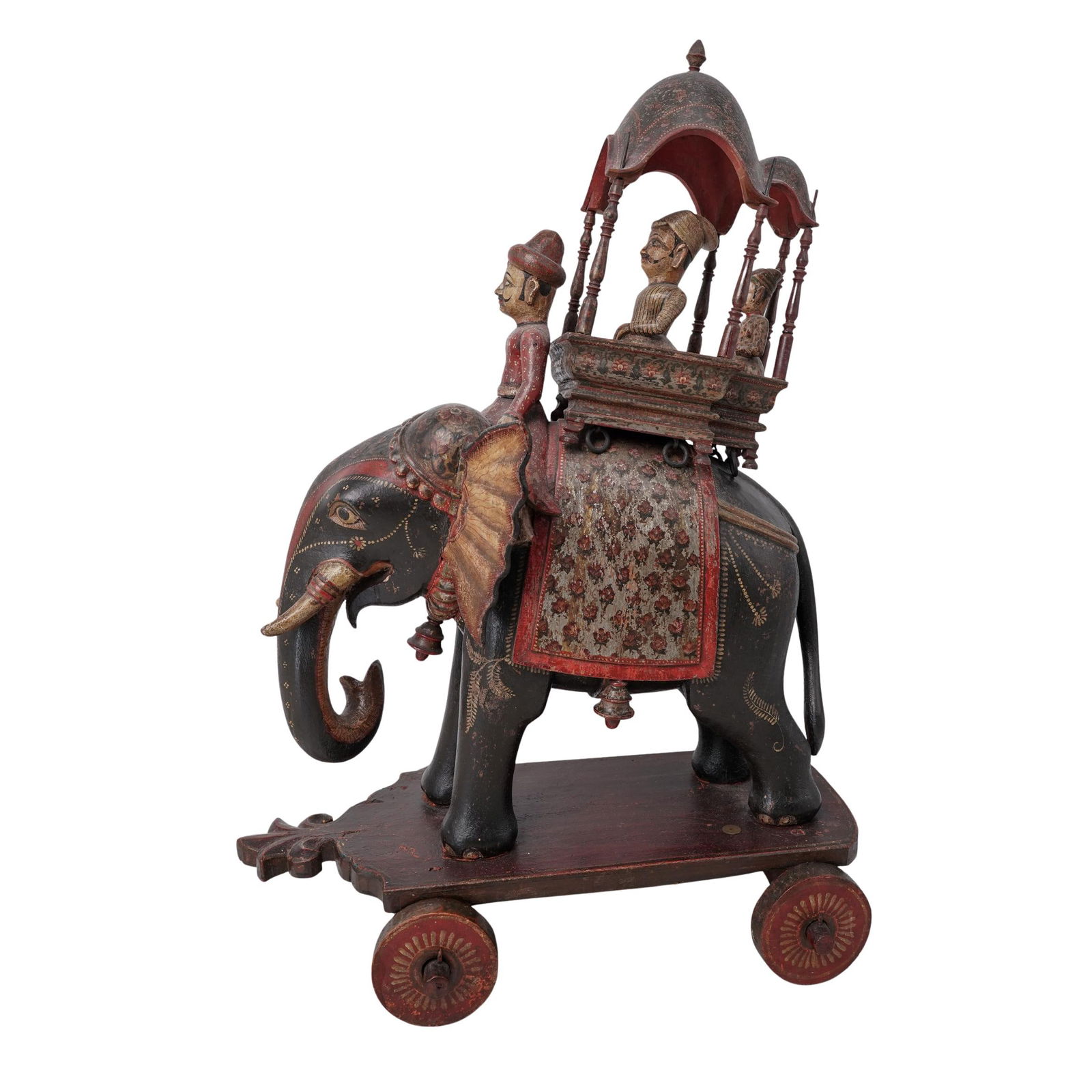Antique Indian Polychrome Wood Elephant With Rider: Antique Indian Polychrome Wood Elephant With Ridercirca 1900, IndianIndian polychrome carved wooden elephant with a mahout (rider) and howdah, likely dating from around the turn of the 20th century. T