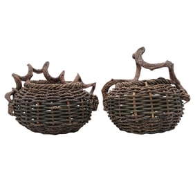 Pair of Filipino Handwoven Wooden Primitive Baskets