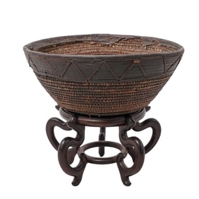 Antique African Woven Basket On Wooden Stand