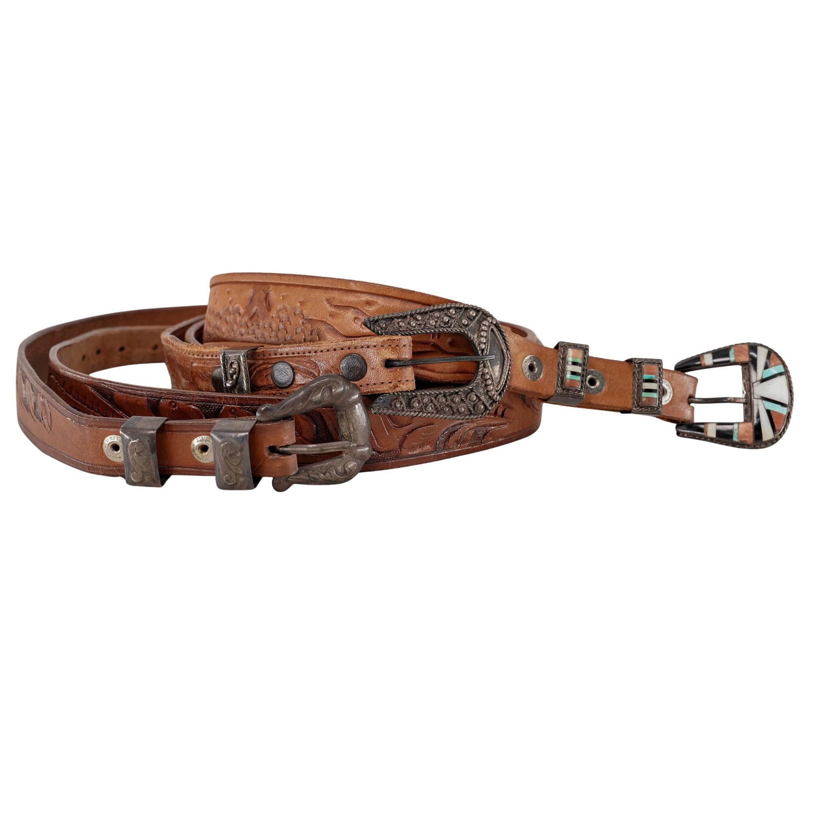 (3 pcs) Vintage Tooled Leather Belts w/ Silver Buckles (1 of 5)