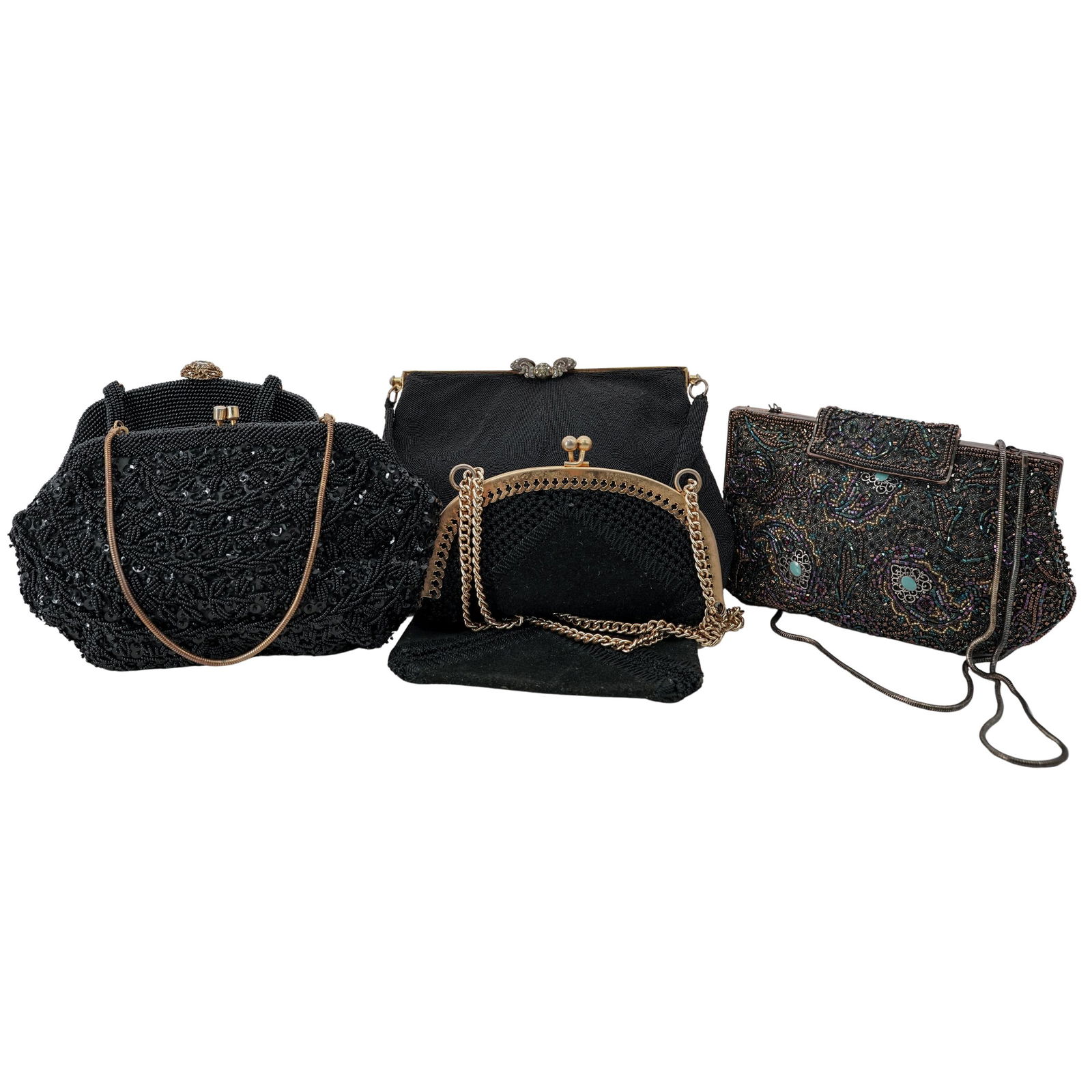 (5 pcs) Vintage Handmade Beaded & Embroidered Purses: (5 pcs) Vintage Handmade Beaded & Embroidered PursesEarly to mid 20th century, China/JapanA set of five vintage handmade black beaded purses.(1) long black suede bag with embroidered detail and gilt m