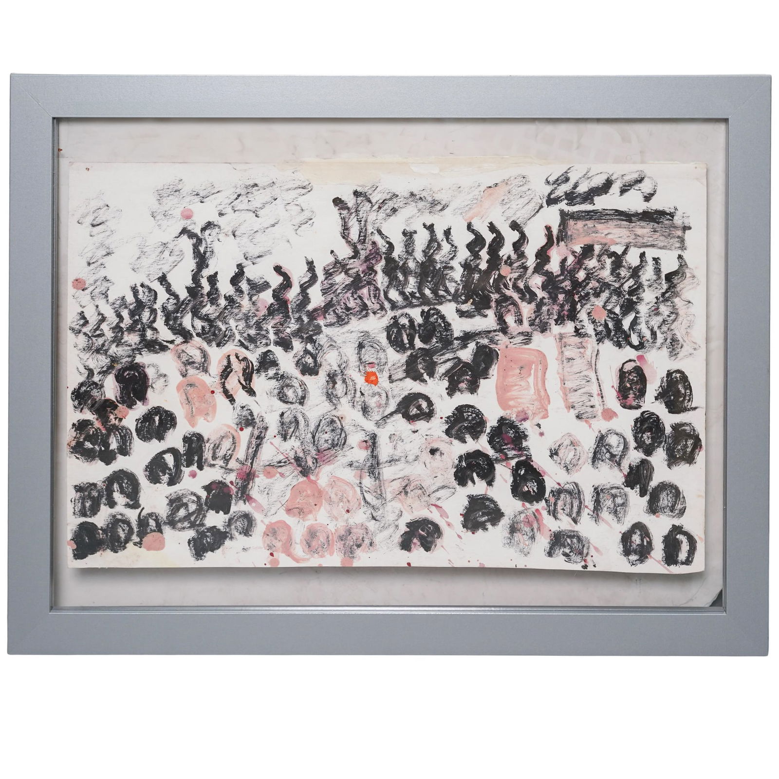 Purvis Young (USA, 1943-2010) Painting: Purvis Young (USA, 1943-2010) Painting Mid to Late 20th c., USA Abstract expressionist mixed media artwork on paper by Purvis Young (1943-2010). It is housed in a grey frame. (Image) L: 14.25" W: 22"
