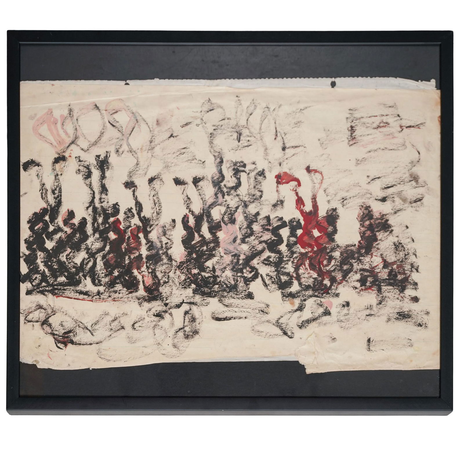 Purvis Young (USA, 1943-2010) Mixed Media Painting: Purvis Young (USA, 1943-2010) Mixed Media PaintingMid to Late 20th c., USAAbstract expressionist mixed media artwork on paper by Purvis Young (1943-2010). It is housed in a black frame with a black ma