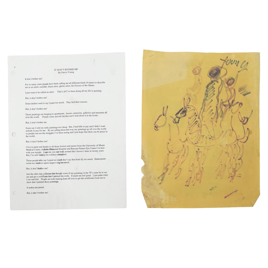 (2pc) Purvis Young (USA, 1943-2010) Art On Paper With Poem: (2pc) Purvis Young (USA, 1943-2010) Art On Paper With PoemLate 20th to early 21st Cent., USAThe group comprises two distinct work on paper by Purvis Young. One is an ink drawing on paper featuring his