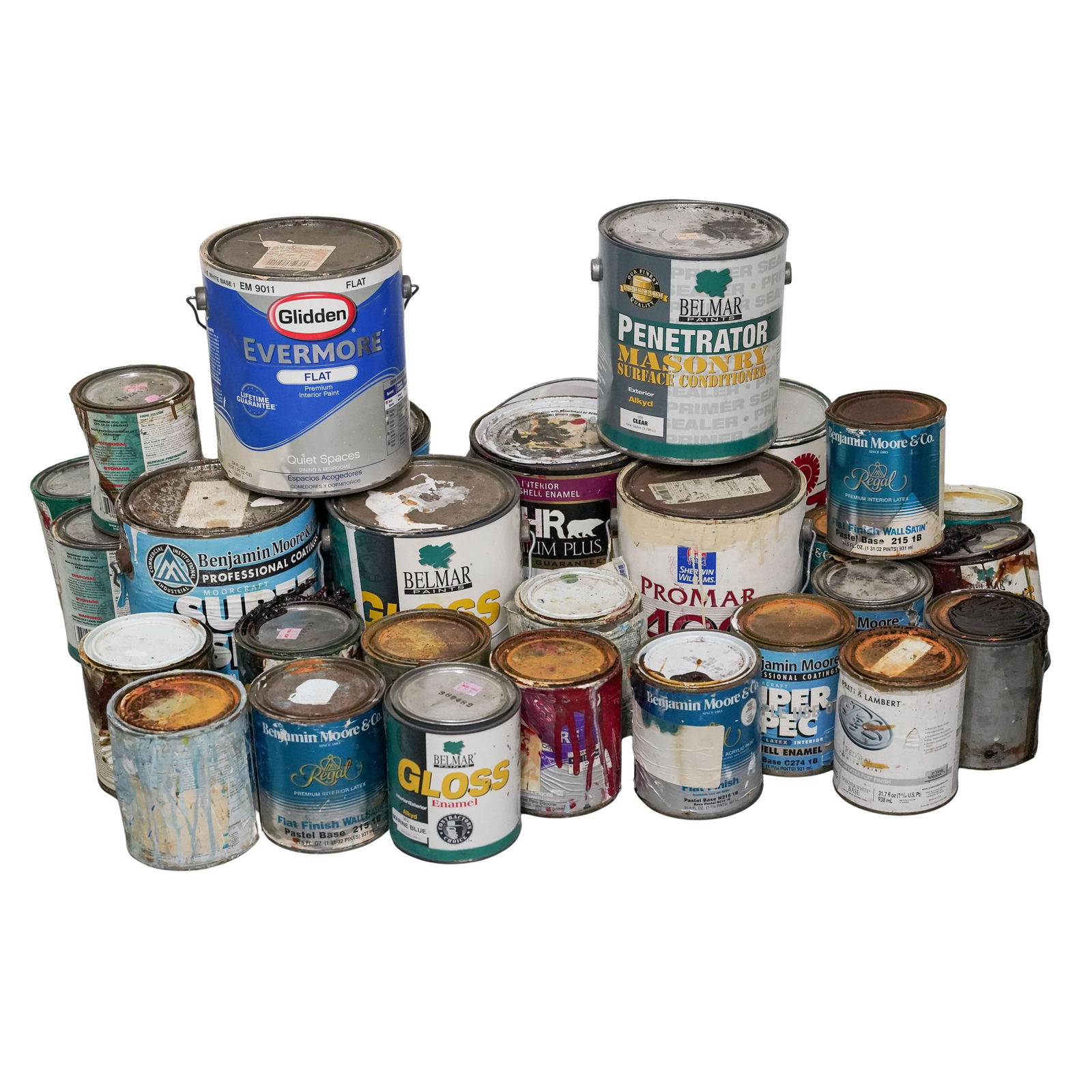 Purvis Young Personal Paint Cans Group: Purvis Young Personal Paint Cans Group Late 20th to early 21st Cent., USA Group of paint cans showing evidence of use, including three large cans and twenty-two small cans. Provenance: Purchased