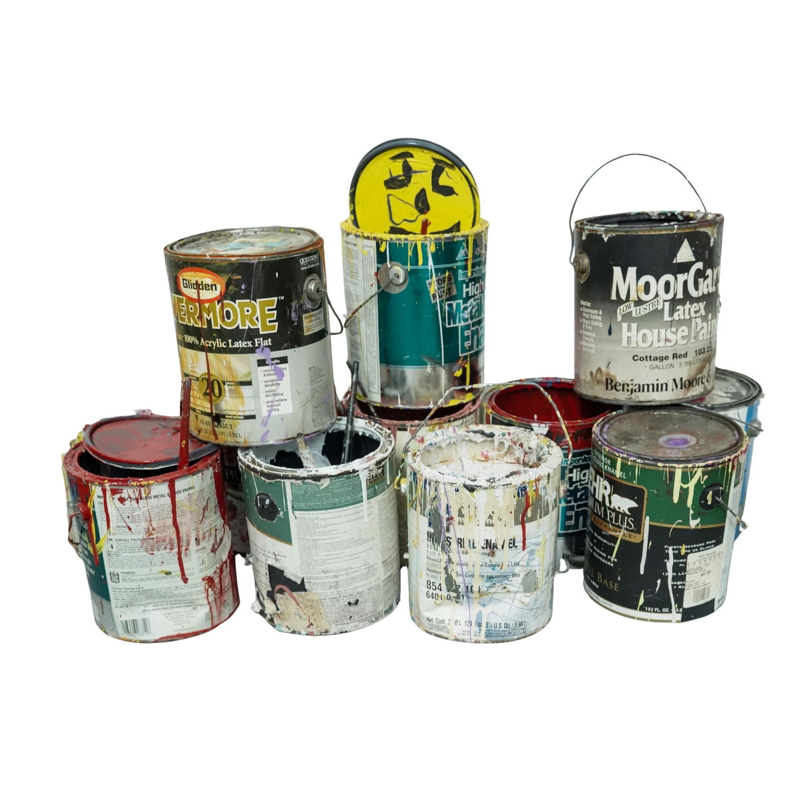 Purvis Young Personal Painting Items: Purvis Young Personal Painting Items Late 20th to Early 21st Cent., USA Purvis Young assemblage style installation formed from paint cans, and tools used by him, showing extensive layers of dried