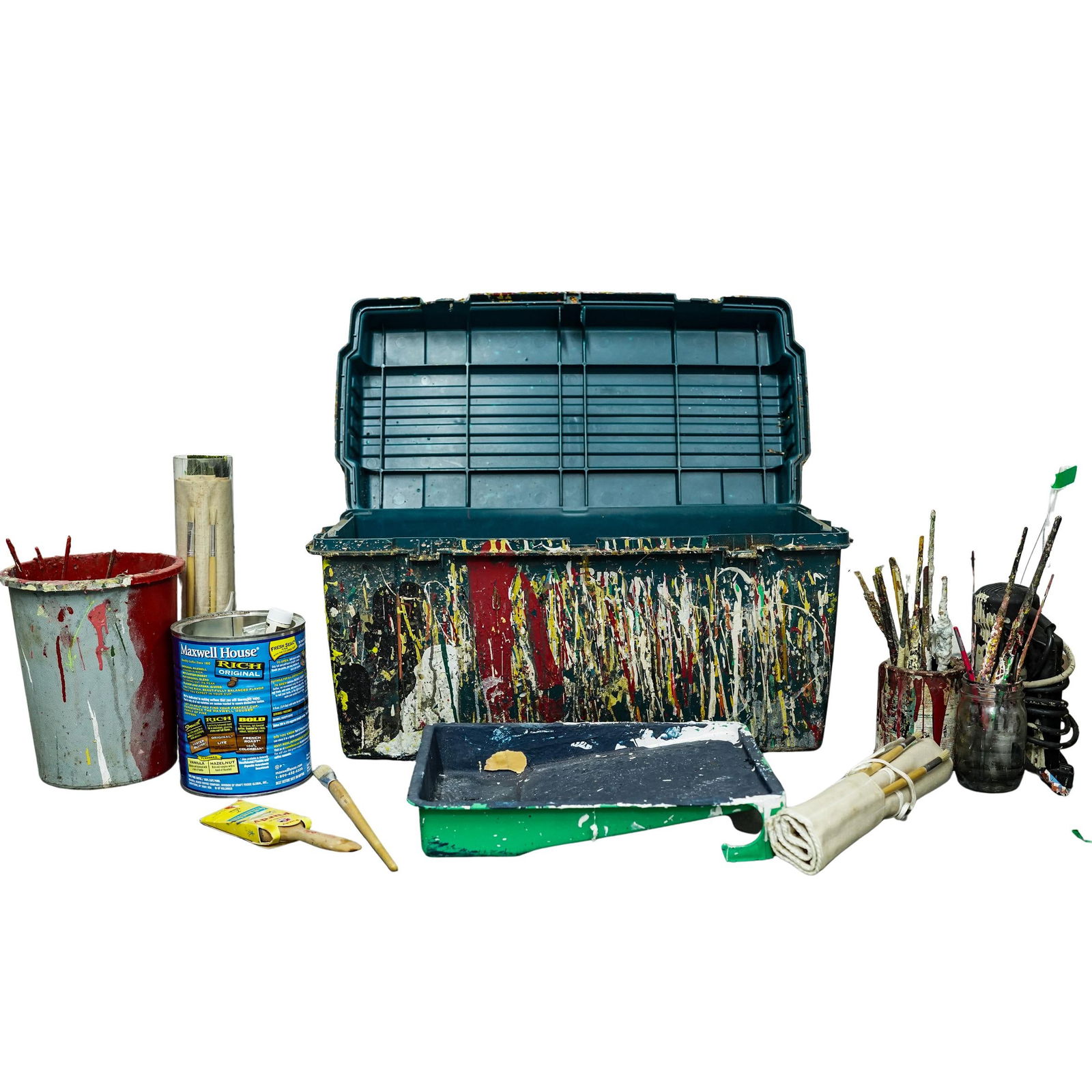 Purvis Young Personal Paint Box: Purvis Young Personal Paint Box Late 20th to Early 21st Cent., USA Box containing personal paint instruments used by Purvis Young, including brushes, paint tubes, tools, and containers showing heavy