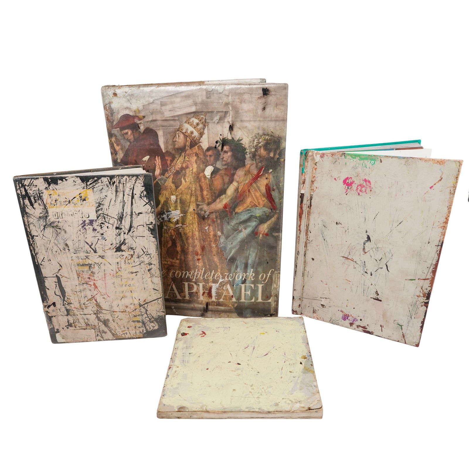 (4pc) Purvis Young Mixed Media On Found Books: (4pc) Purvis Young Mixed Media On Found BooksLate 20th to early 21st Cent., USAA group of four books intervened by Purvis Young, including The complete works of Raphael, evidencing the influence of Hi