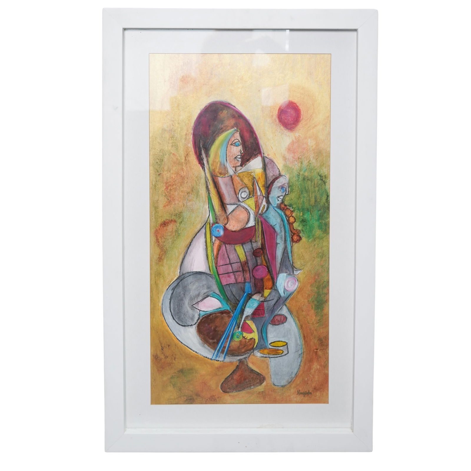 Mixed Media Abstract Figural Painting: Mixed Media Abstract Figural Painting2012Mixed media abstract figural composition features abstract human figures, vibrant colors and a composition that uses volumes and negative space to create diffe