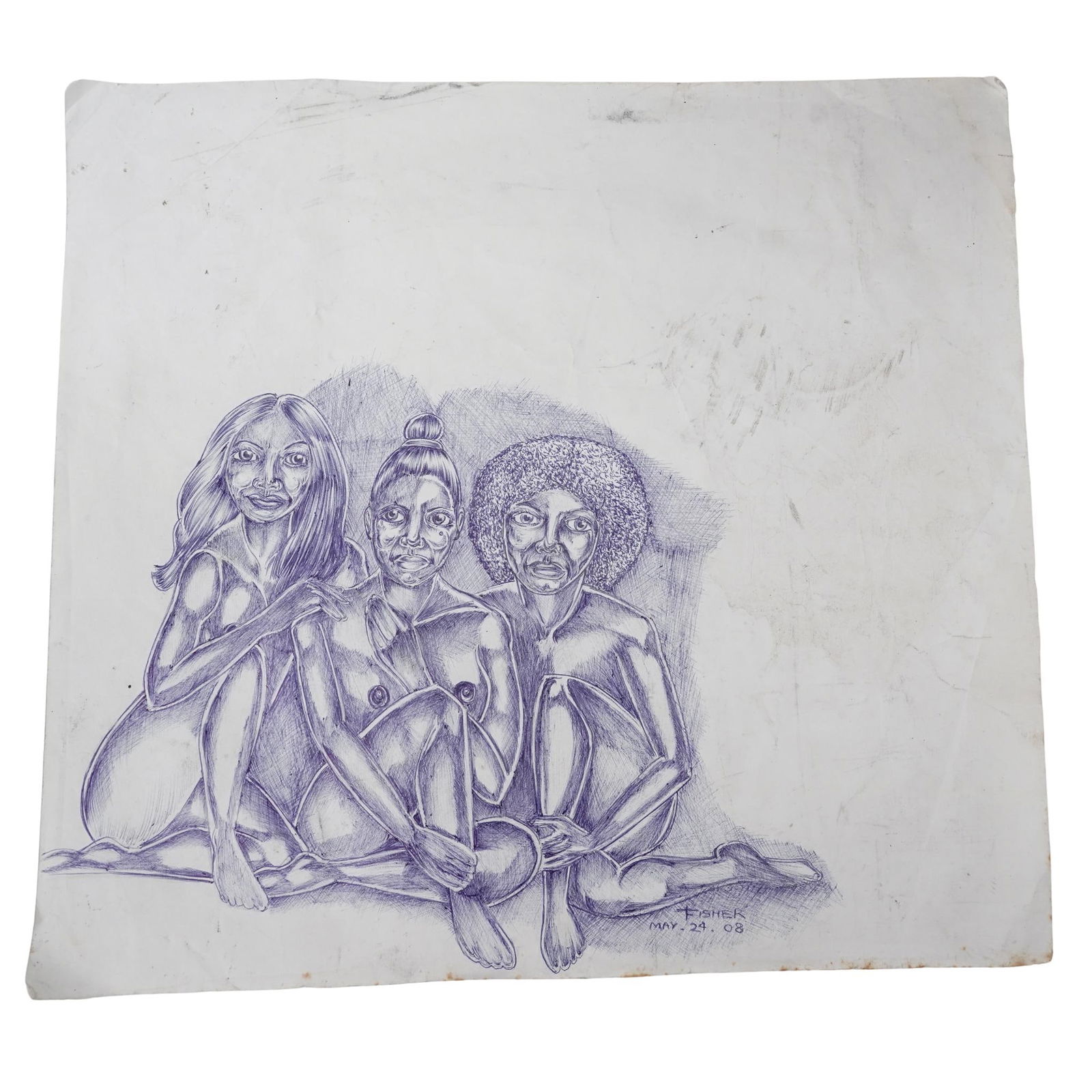"Fisher" Drawing: "Fisher" Drawing Late 20th to early 21st Cent., USA This piece was part of the personal art collection of Purvis Young. It is signed "Fisher" and dated "May.24.08". The composition depicts three