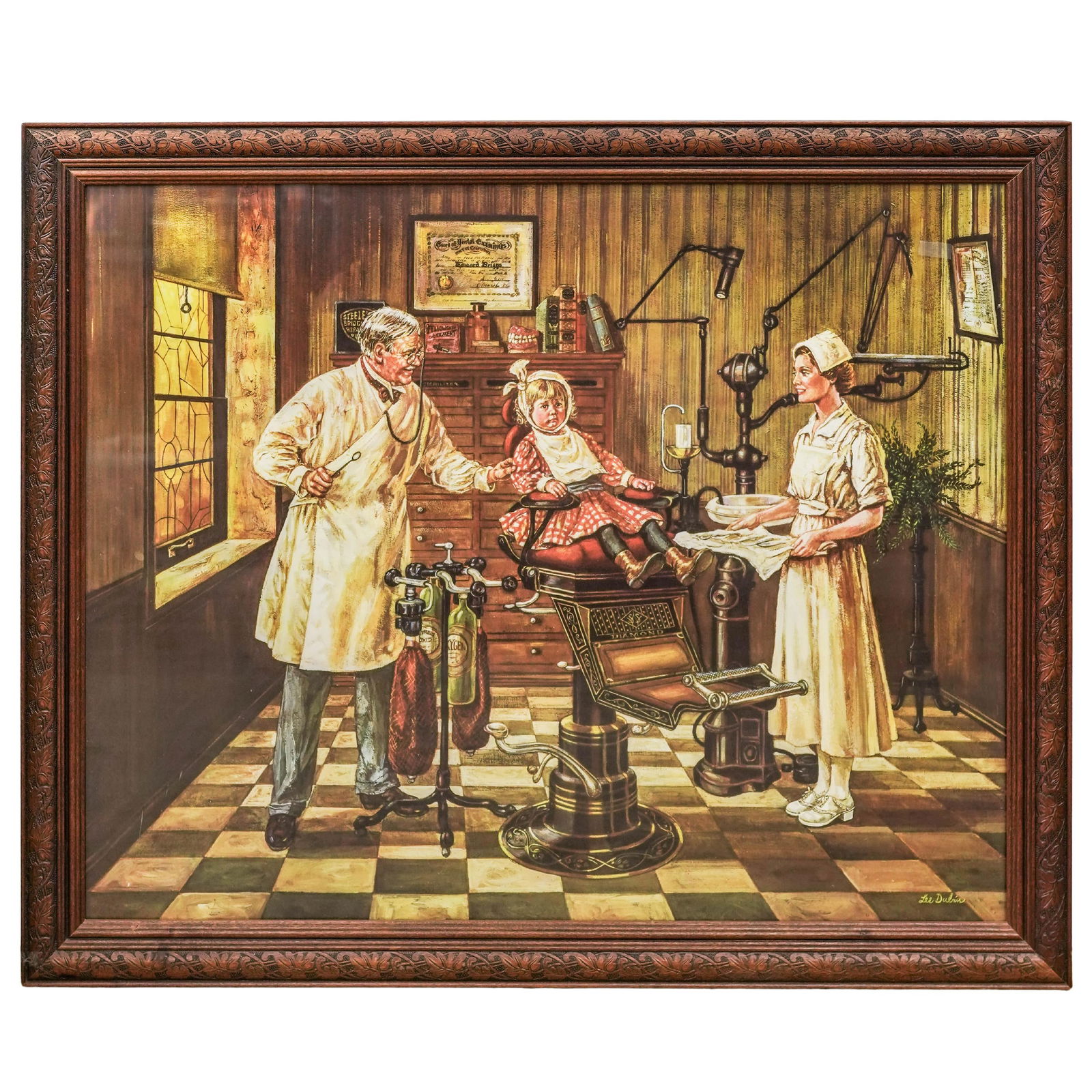 Lee Dublin (American, 1924-2018) Dentist Office Print: Lee Dublin (American, 1924-2018) Dentist Office Print 20th century, American Lee Dublin (American, b. 1924 d. 2018) "Dentist's Office" print. Signed bottom right by artist. Overall H 27.5" x W 33.5"