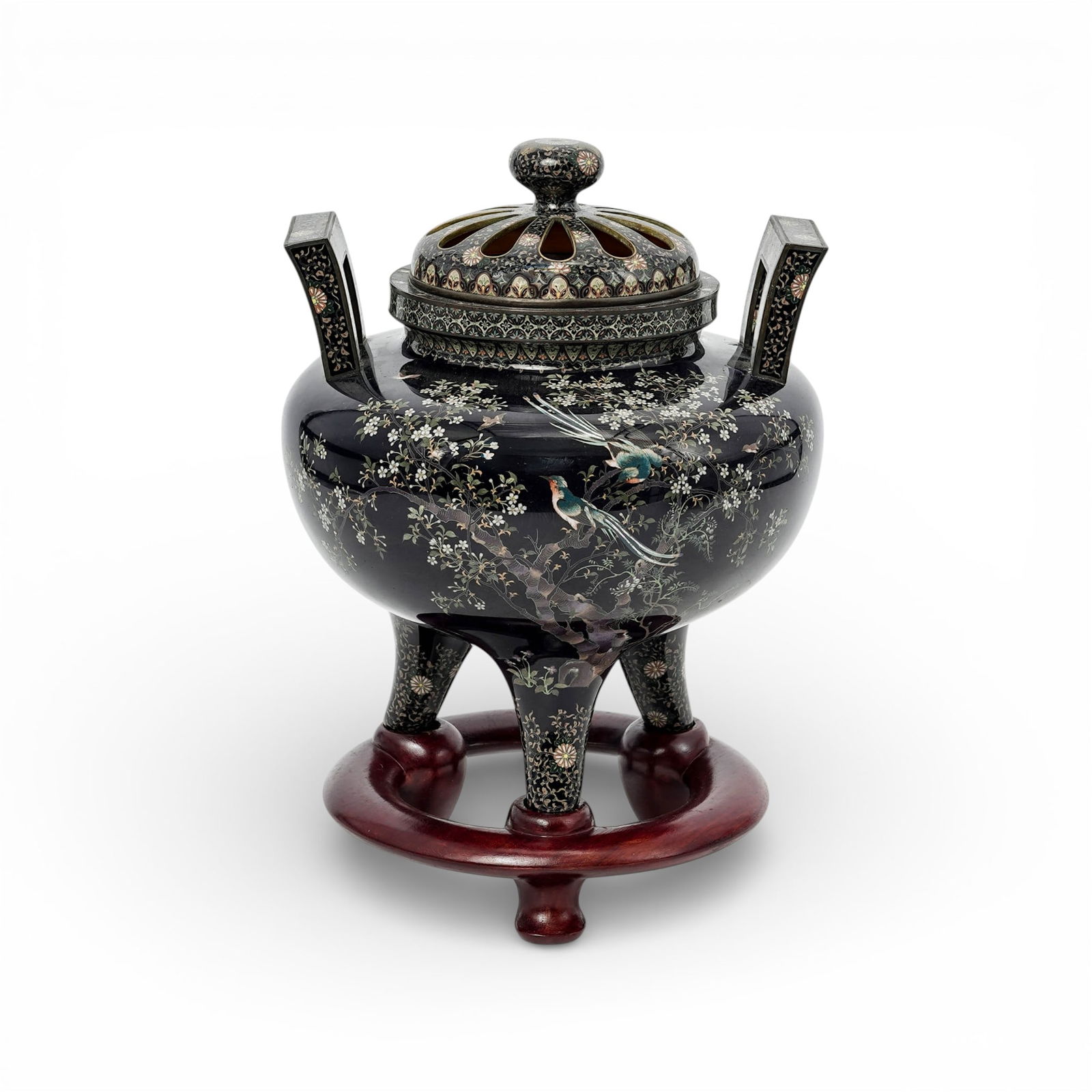 Meiji Japanese Cloisonne Inlay Urn With Wooden Base (1 of 9)