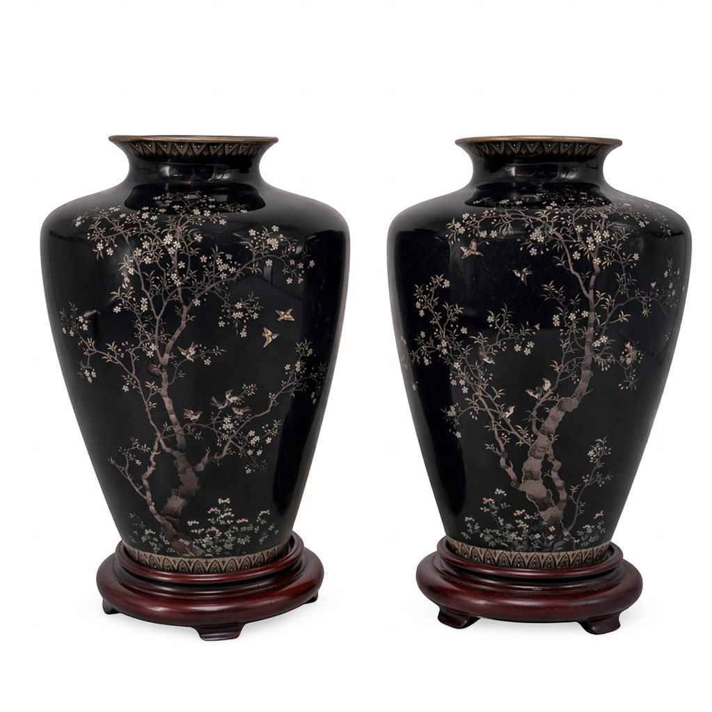 Pair of Fine Meiji Japanese Cloisonne Inlay Vases (1 of 8)