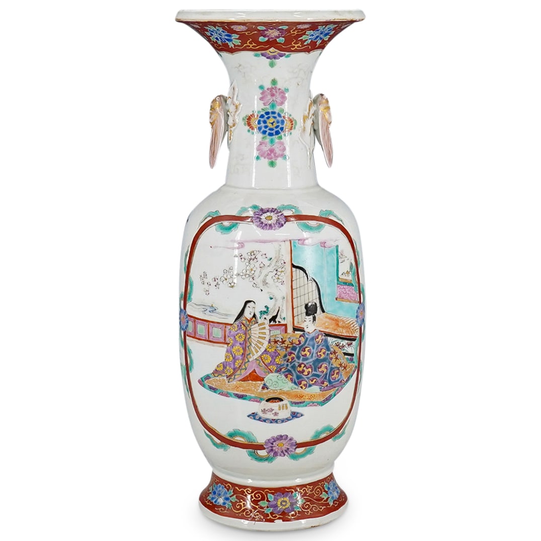 Antique Japanese Kutani Porcelain Cicada Handled Vase: Antique Japanese Kutani Porcelain Cicada Handled Vase19th Century, JapanAntique Kutani porcelain vase featuring a gilt accented court scene on its body and a pair of gilt accented cicada handles on it