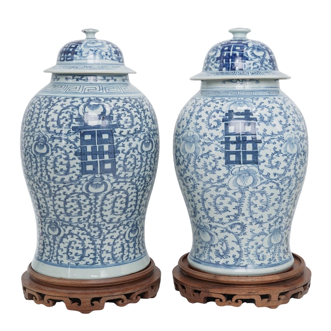 Pair Of Chinese Qing Dynasty Blue And White Porcelain"Double Happiness" Urns (1 of 6)