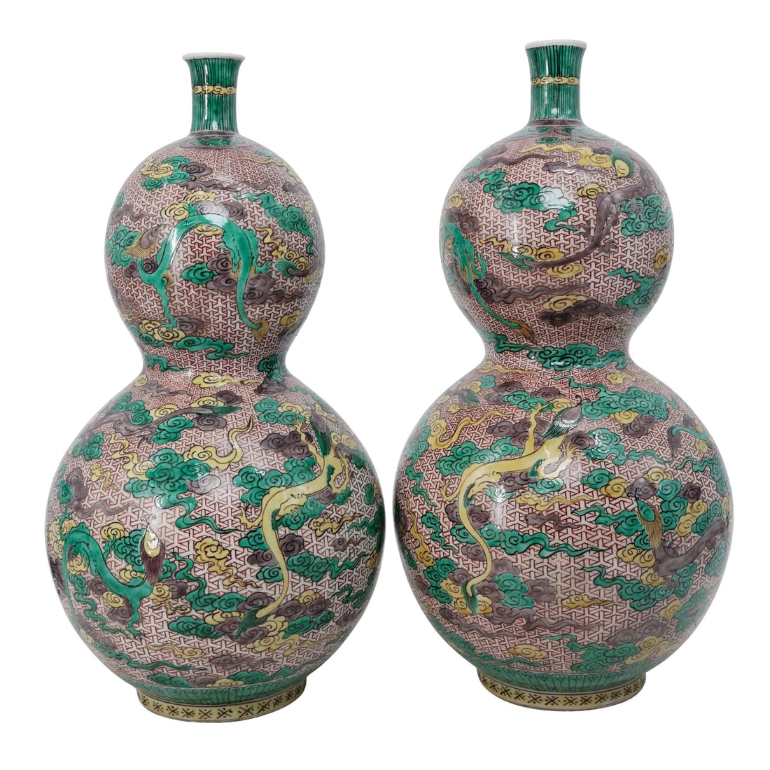 Pair of Antique Chinese Enameled Ceramic Double Gourd Vases (1 of 9)