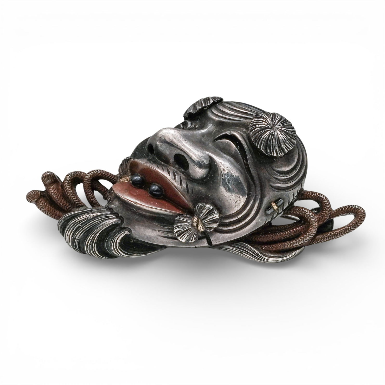 Japanese Meiji Period Laughing Face Silver Shakudo Brooch (1 of 5)