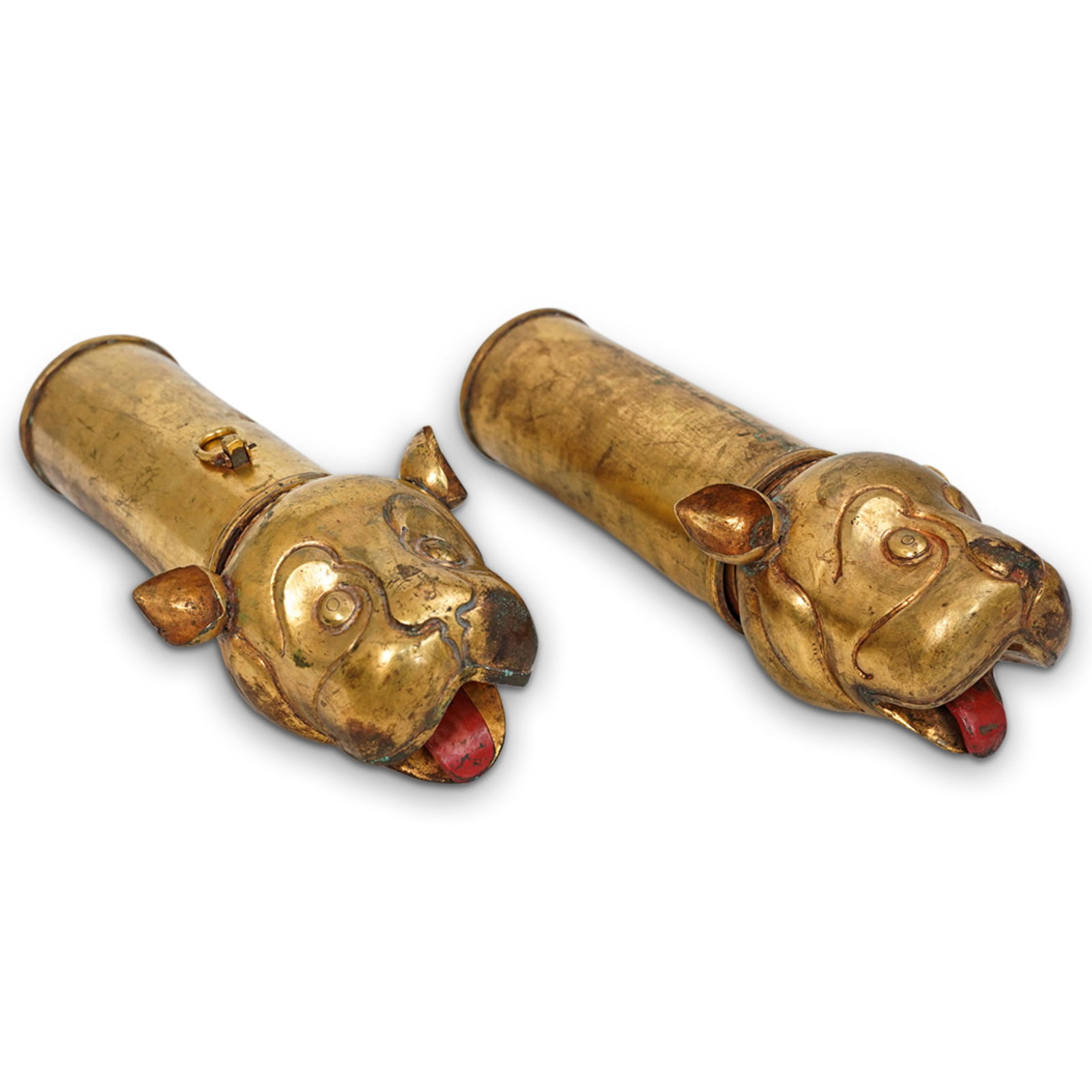 Pair of Mughal Gilt Bronze Palanquin Handles: Pair of Mughal Gilt Bronze Palanquin HandlesLate 18th-19th Cent, Mughal EmpirePair of Mughal Gilt Bronze Palanquin Handles. Features a cylindrical shape with bronze casting and hand carved Leopards/ M