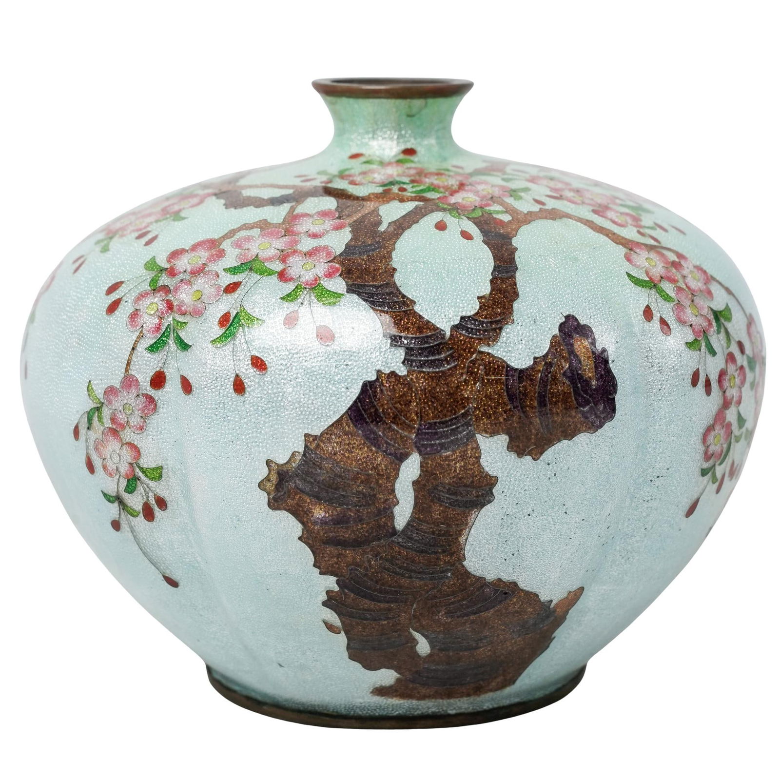Chinese Cherry Blossom Cloisonne Enamel Vase: Chinese Cherry Blossom Cloisonne Enamel VaseEarly 20th century, ChineseVintage Chinese cloisonnÃ© vase featuring a turquoise enamel body decorated with cherry blossom trees and gilt brass tr