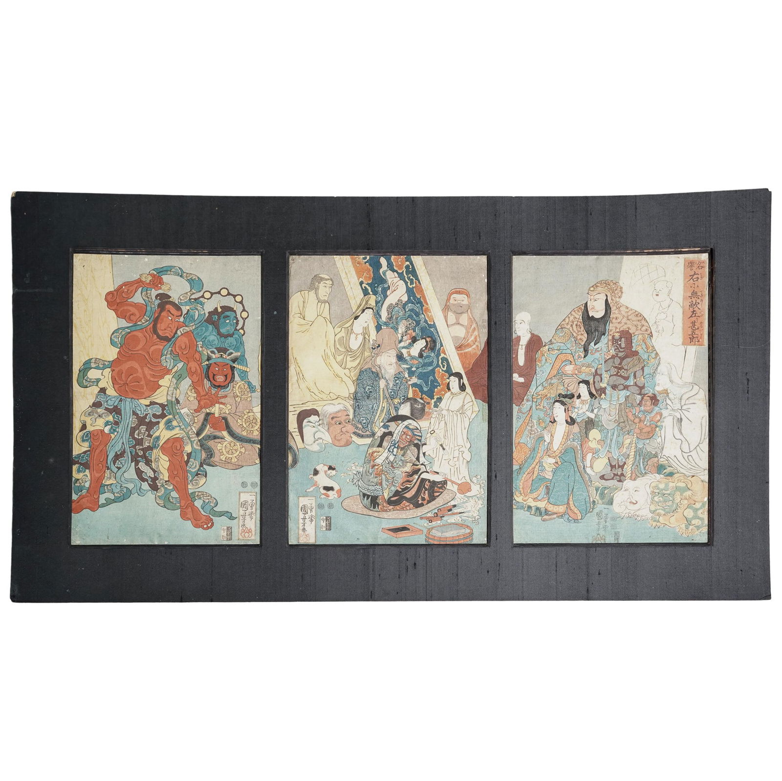 Utagawa Kuniyoshi (1798-1861) Triptych Woodblock Print: Utagawa Kuniyoshi (1798-1861) Triptych Woodblock PrintJapanese, 19th Cent.Triptych ukiyo-e woodblock prints, depict the legendary 17th-century sculptor and carpenter Hidari Jingoro, who was known for