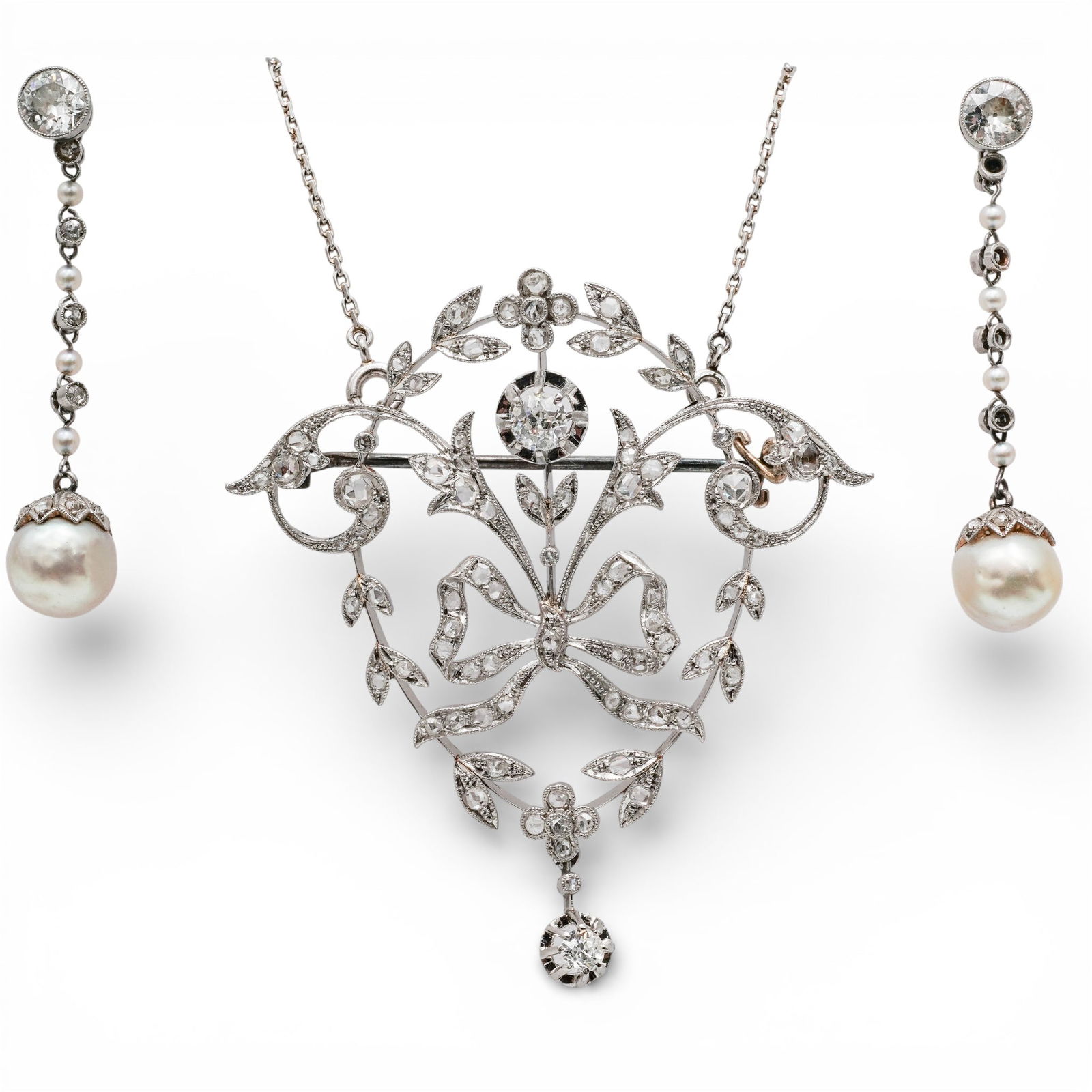 Edwardian Platinum Old Mine Cut Diamond & Pearl Set (1 of 7)
