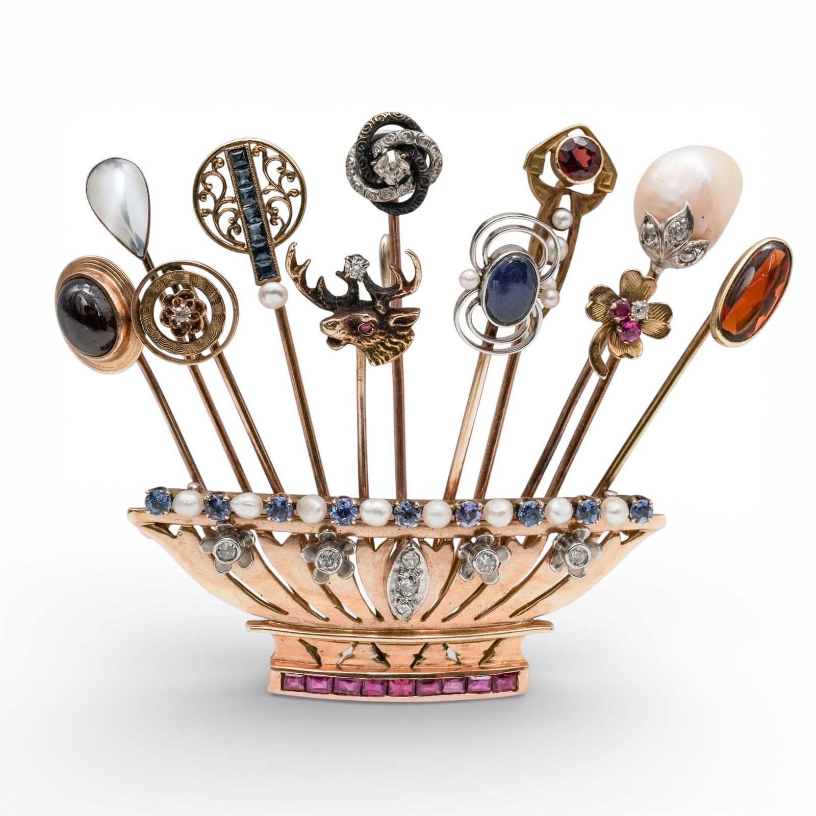 Vintage 14k Gold Gemstone & Pearl Basket Brooch: Vintage 14k Gold Gemstone & Pearl Basket BroochCirca 1950s-1960sVertical spray basket-form brooch in 14k yellow gold, constructed as a fluted gold basket supporting a fan of individual stem-mounted mo