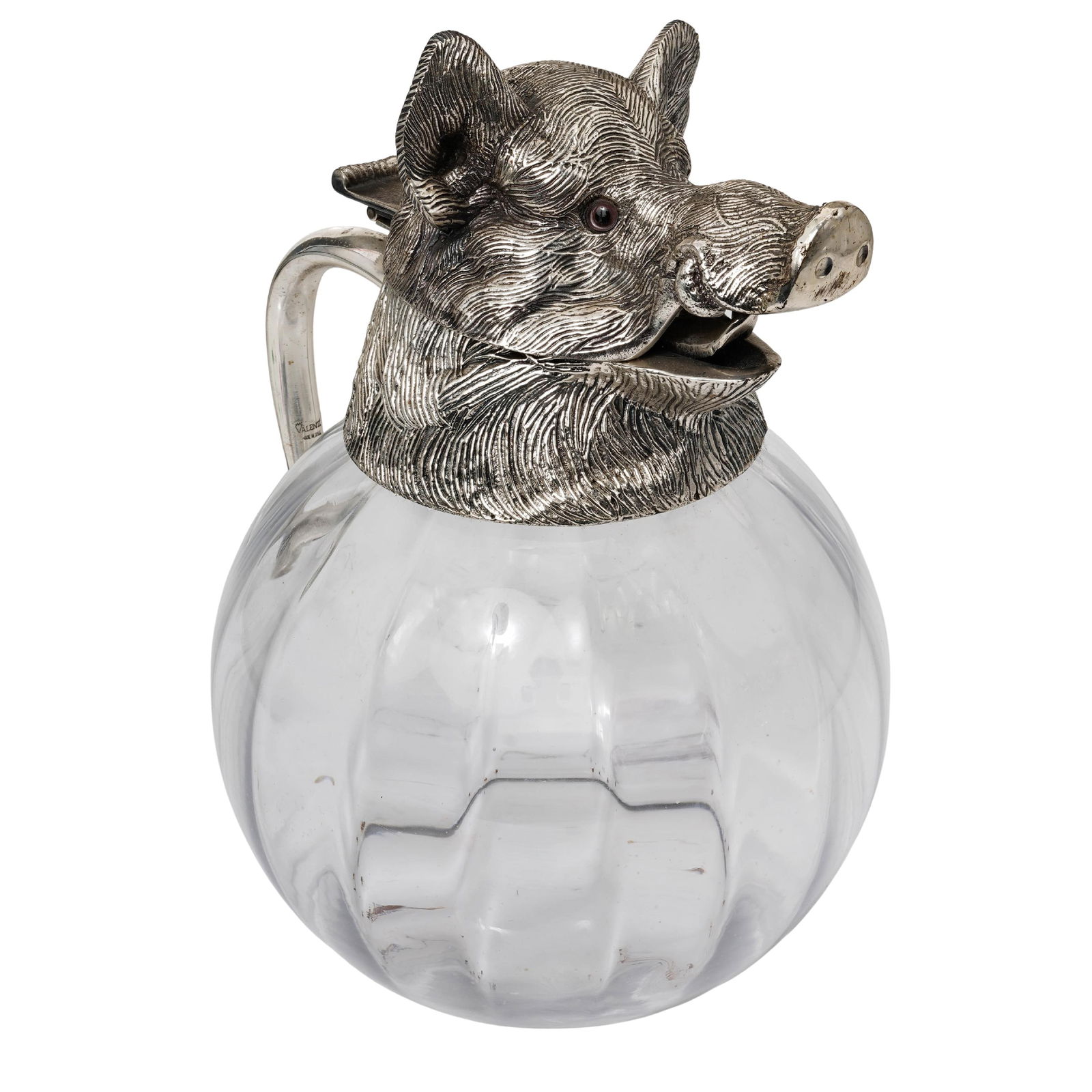 Valenti Silver Plated & Glass Figural Boar Pitcher: Valenti Silver Plated & Glass Figural Boar PitcherMid 20th Cent., SpanishA Valenti mid-century modern silver plated pitcher, featuring a large, finely crafted silver plated boar's head lid with glass