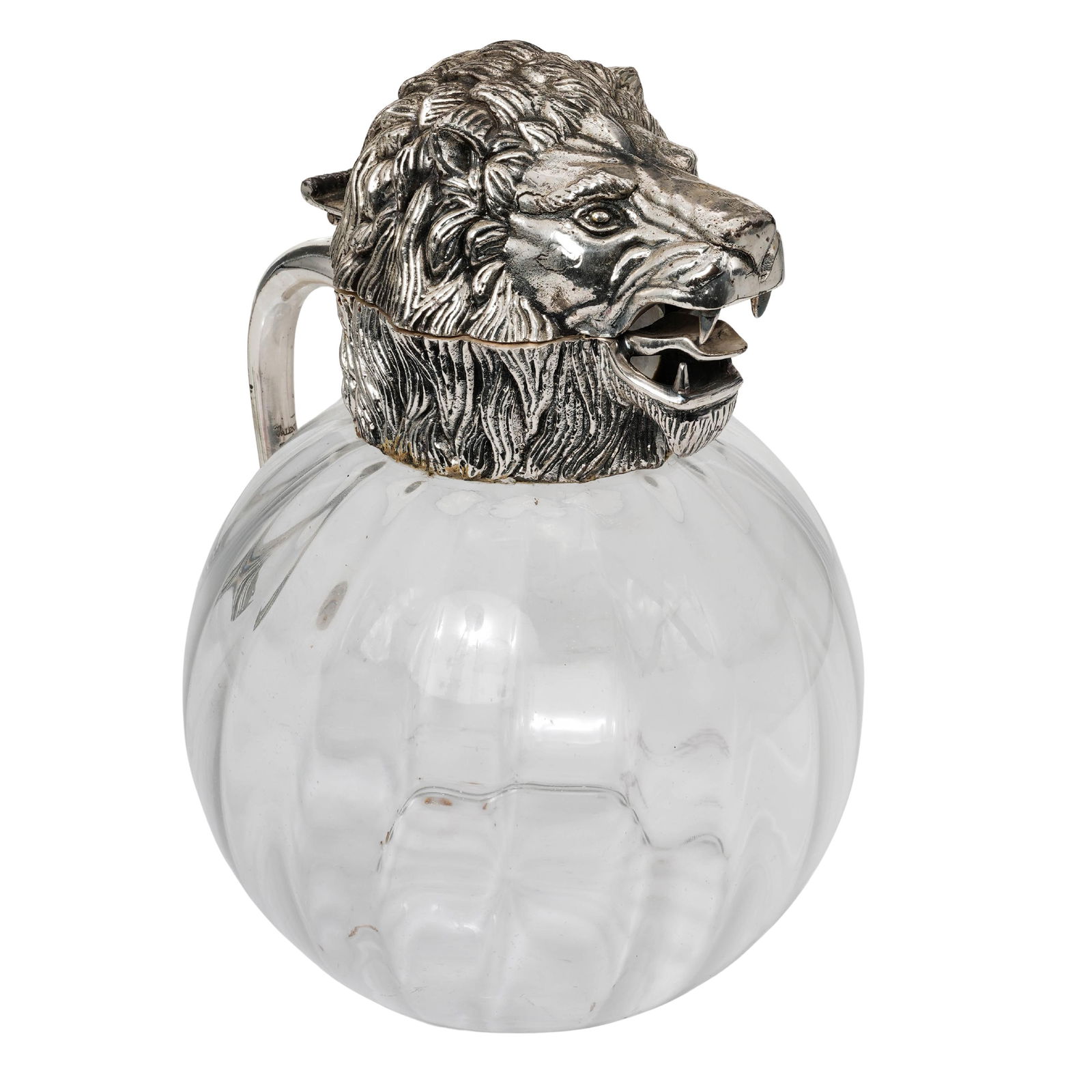 Valenti Silver Plated Figural Lion Pitcher: Valenti Silver Plated Figural Lion PitcherMid 20th Cent., SpanishA Valenti mid-century modern silver plated pitcher, featuring a large, finely crafted silver plated Lion's head lid, mounted on a bulbo