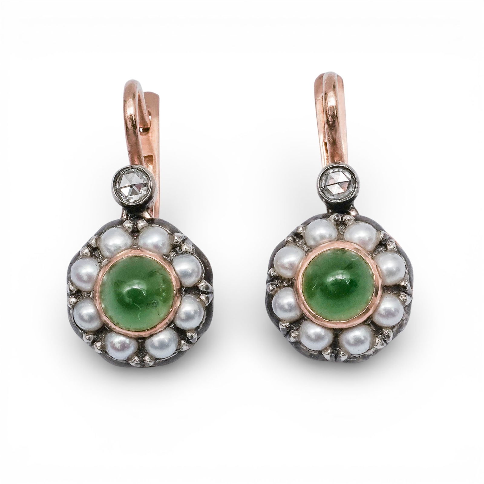 Imperial Faberge Era 14K Gold, Jade, Diamond & Pearl Earrings: Imperial Faberge Era 14K Gold, Jade, Diamond & Pearl EarringsLate 19th-Early 20th c., RussiaAntique 14k rose and white gold drop earrings featuring a round jade cabochon at the center, surrounded by a