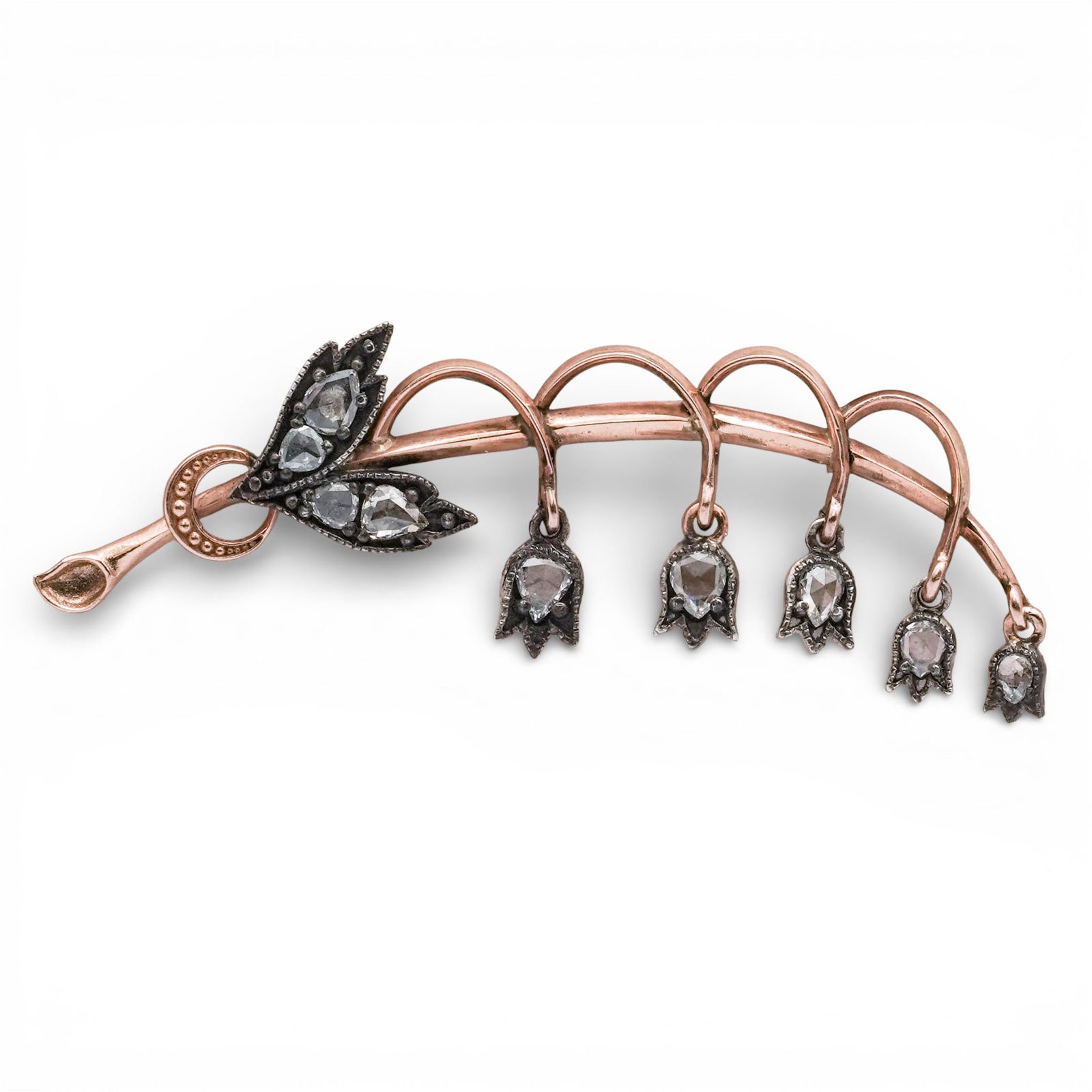 Imperial Faberge Era "Lily of the valley" 14k Rose Gold Diamond Brooch: Imperial Faberge Era "Lily of the valley" 14k Rose Gold Diamond Brooch20th century , RussianImperial Faberge Era Lily-of-the-valley 14k Rose Gold Diamond Brooch presented in its original fitted case.