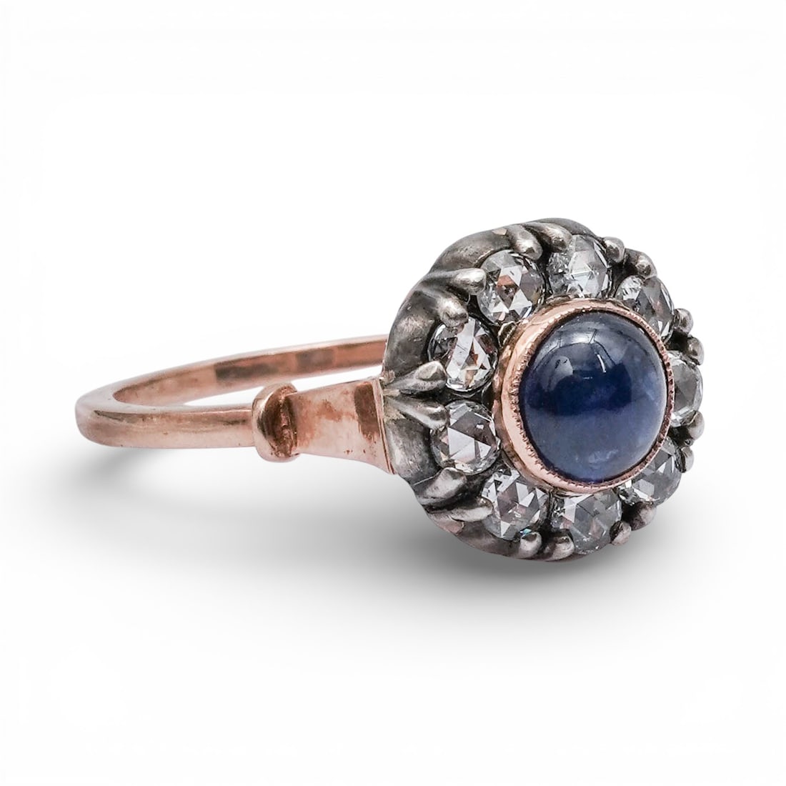 Imperial Faberge Era 14k Rose Gold Diamond & Sapphire Cocktail Ring: Imperial Faberge Era 14k Rose Gold Diamond & Sapphire Cocktail Ring20th century, RussianImperial Faberge Era 14k Rose Gold Diamond Sapphire Cluster Ring , marked 56 for 14K gold , presented in origina